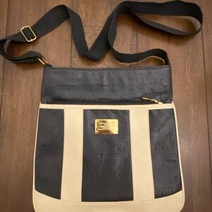 Black Embossed Monogram Patent Style Shoulder Bag w/ Gold Plaque Accent